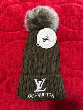 Louis Vuitton Olive Green Knit Beanie with Fur Pom